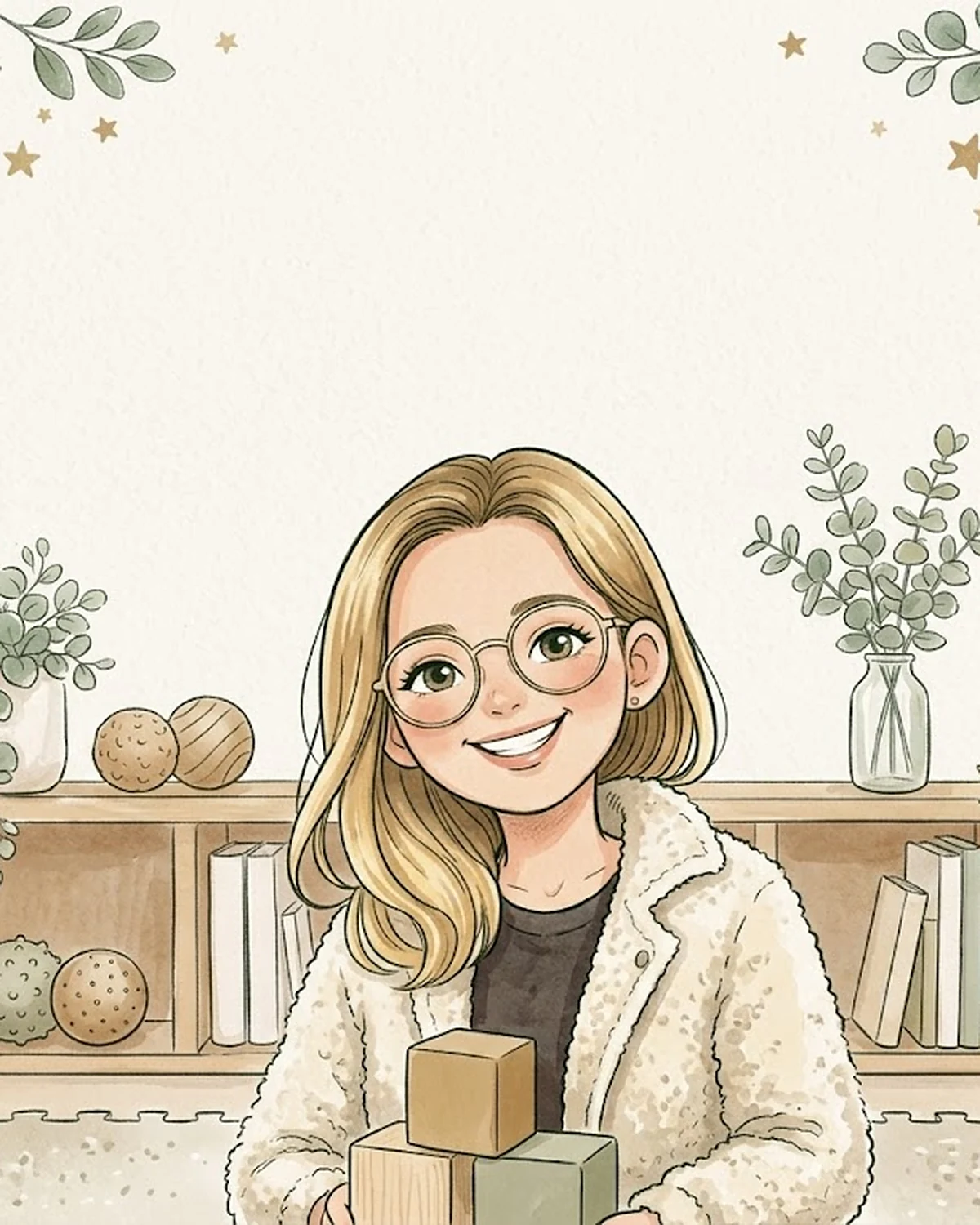 Portrait illustré de Tabatha Galland, psychomotricienne, souriante dans son cabinet.