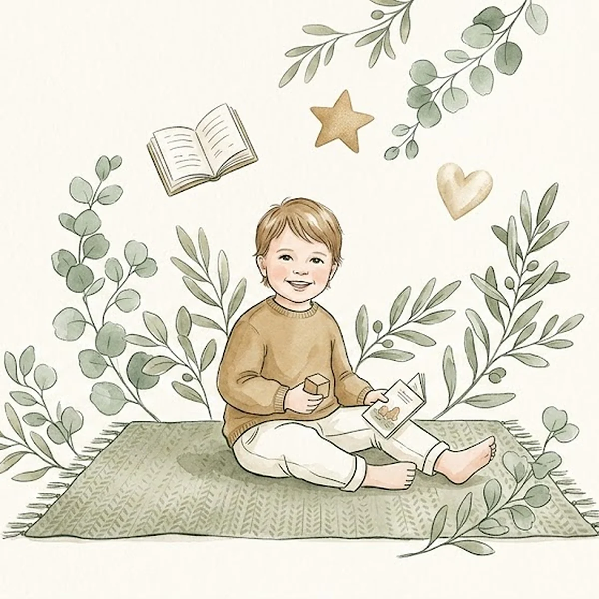 Illustration aquarelle d'un enfant assis qui joue, entouré de feuillages