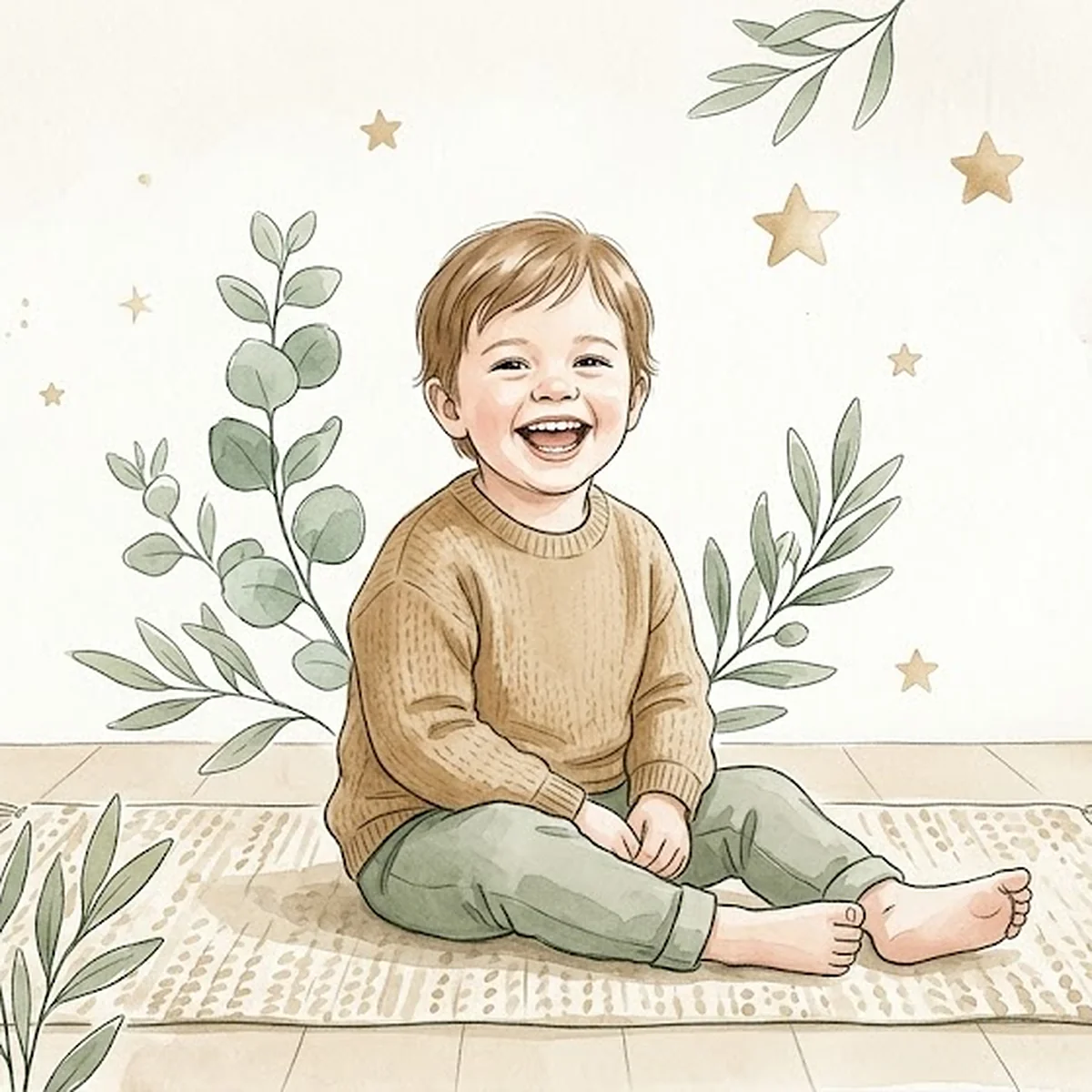 Illustration aquarelle d'un enfant souriant assis sur un tapis, parmi les feuillages