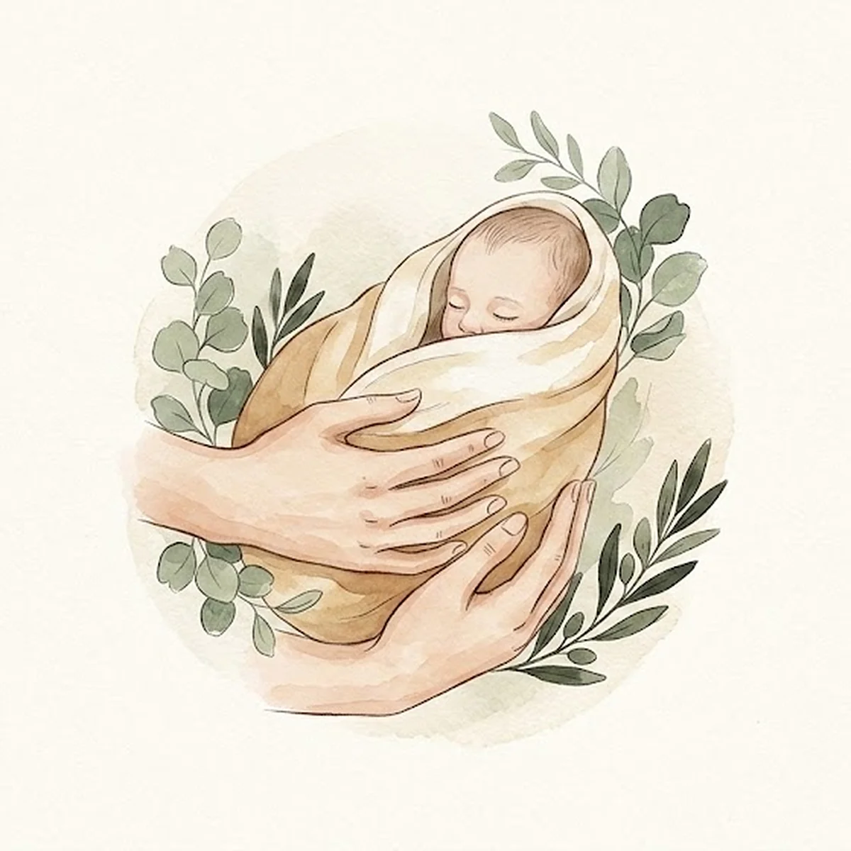 Illustration aquarelle d'un nouveau-né emmailloté tenu dans des mains, entouré d'eucalyptus