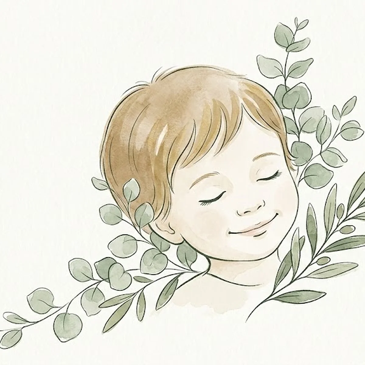 Illustration aquarelle d'un visage d'enfant apaisé entouré de feuilles d'eucalyptus