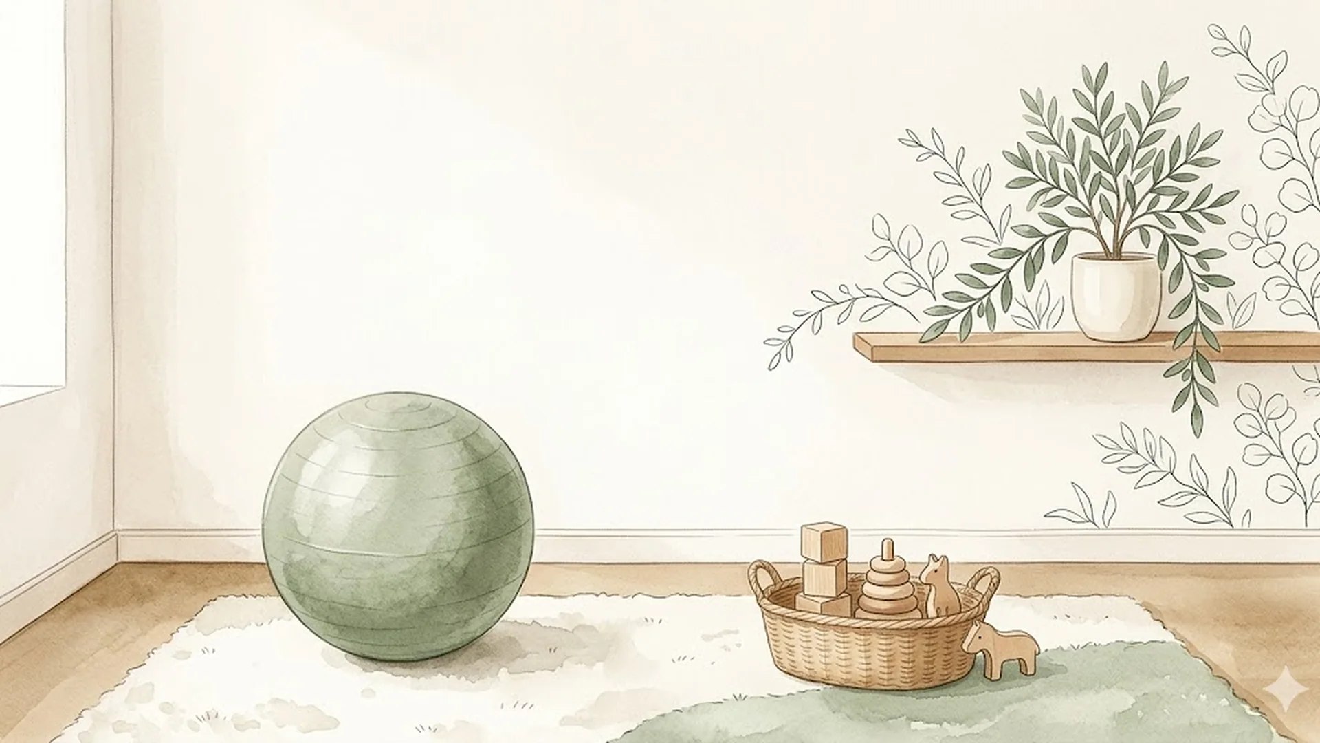 Illustration aquarelle du cabinet : un grand ballon de gymnastique, un panier de jeux en bois et des plantes d'eucalyptus.