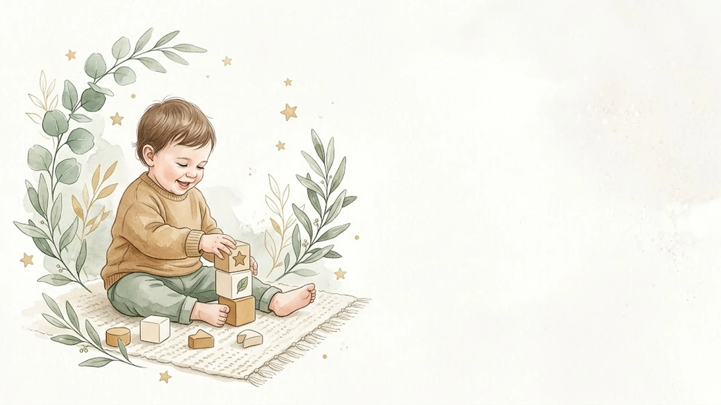 Illustration aquarelle d'un jeune enfant qui joue avec des cubes en bois, entouré de feuillages d'eucalyptus.