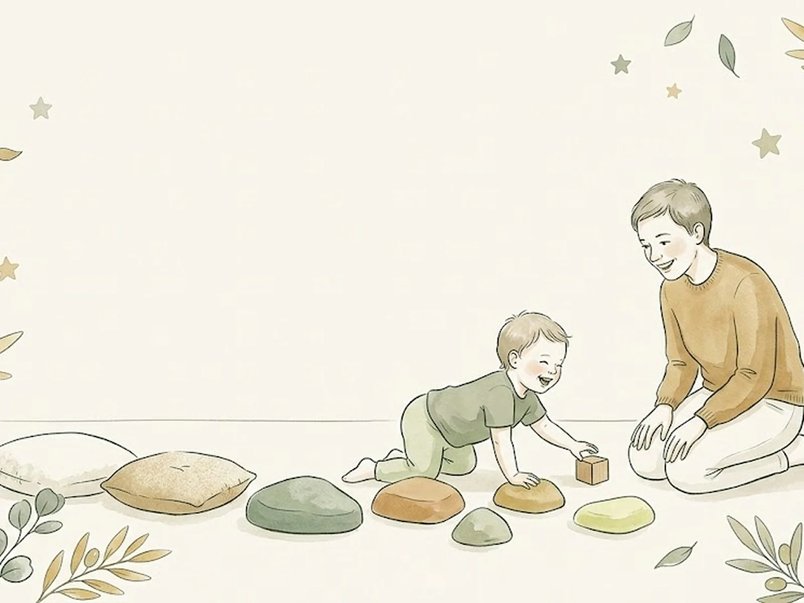 Illustration aquarelle d'un parent et d'un enfant jouant avec des galets sensoriels.